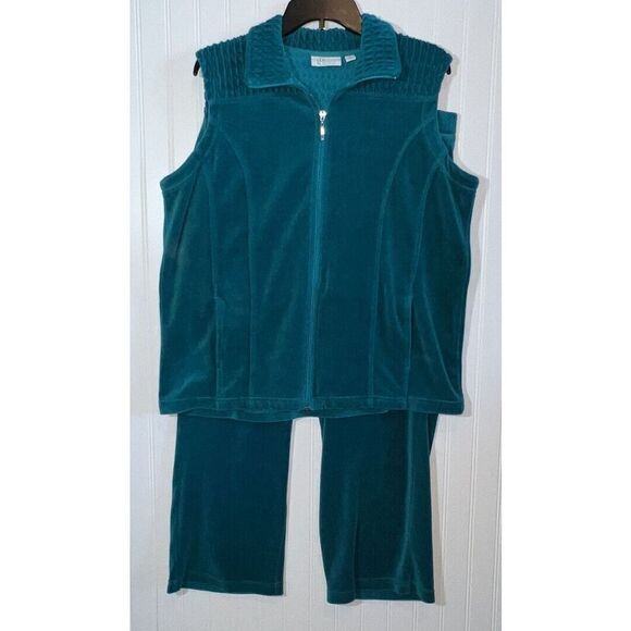 D & Co Active Suit Teal Zipper Vest Pockets Flare Pants With Pockets Set Size LP - Picture 1 of 9